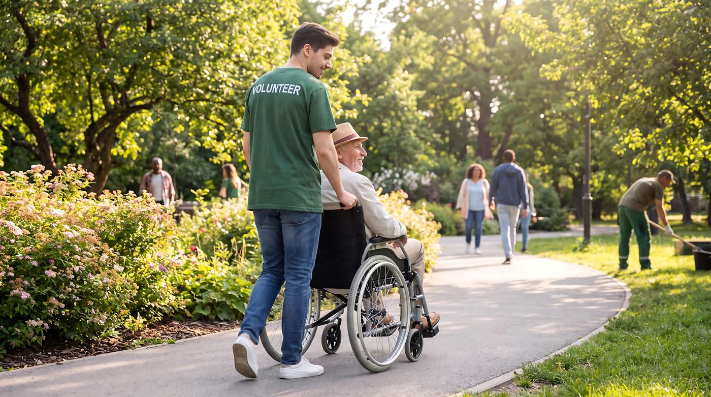A young man in a volunteer T-shirt pushing an older man in a wheelchair along a sunny park path